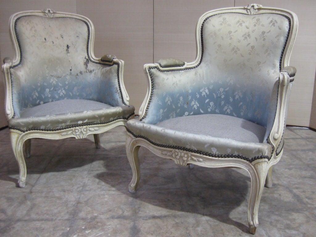 Pair of French LXV Style Antique Slipper Chairs/ Bergers 5