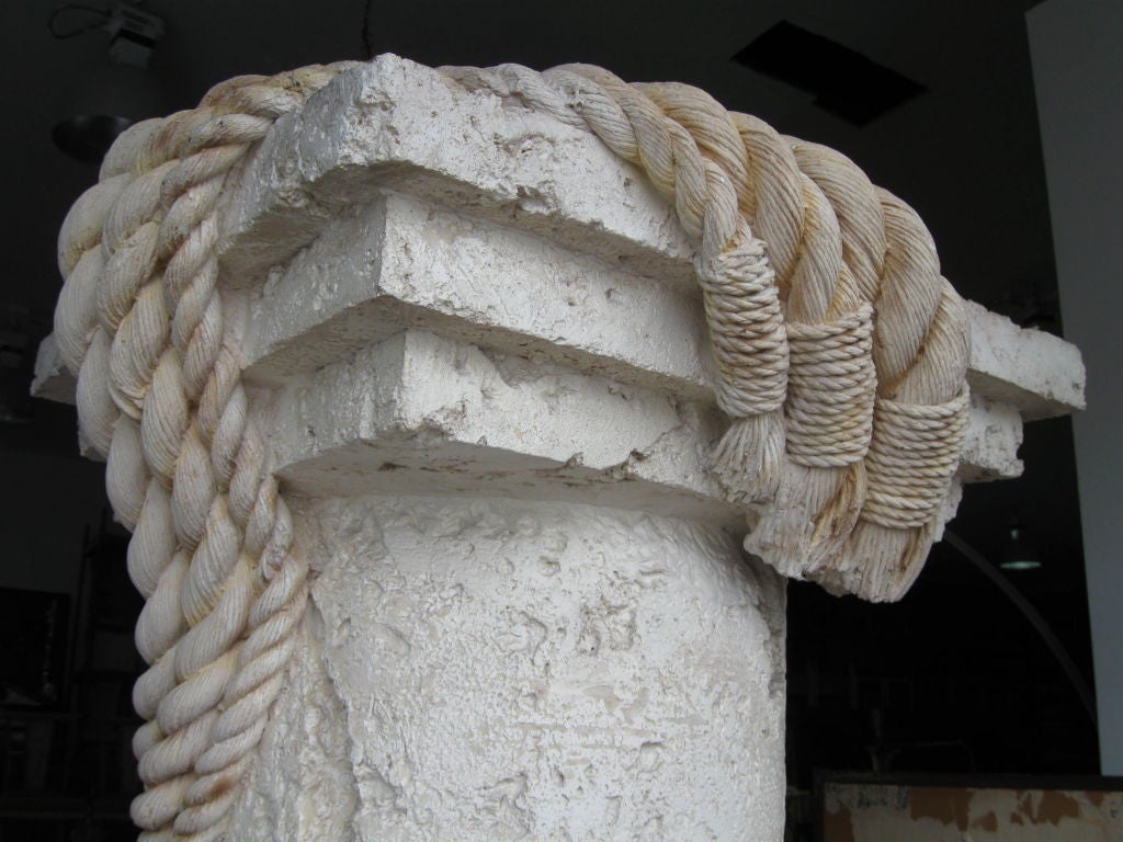 Exceptionally decorative Large #Faux column in the manner of coquina stone, wraped with thick bold rope. Altogether exceptional decorative sculptural piece. Wonderful in a living room with sofas, chairs, in an emtrance, interior or exterior.