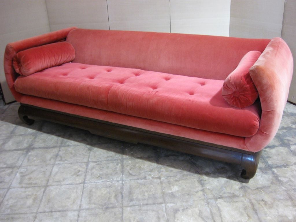 Superb Ming style Sofa with elegant scrolled arm, beautiful wrap around wood frame with greek key motif, bombe legs front and back.<br />
For additional, consoles, credenzas, sideboards, bureaus, living, dining, bedroom furniture, desks, dressers,