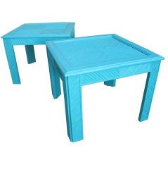 PAIR of Aqua Lacquered Faux Bamboo Side Tables
