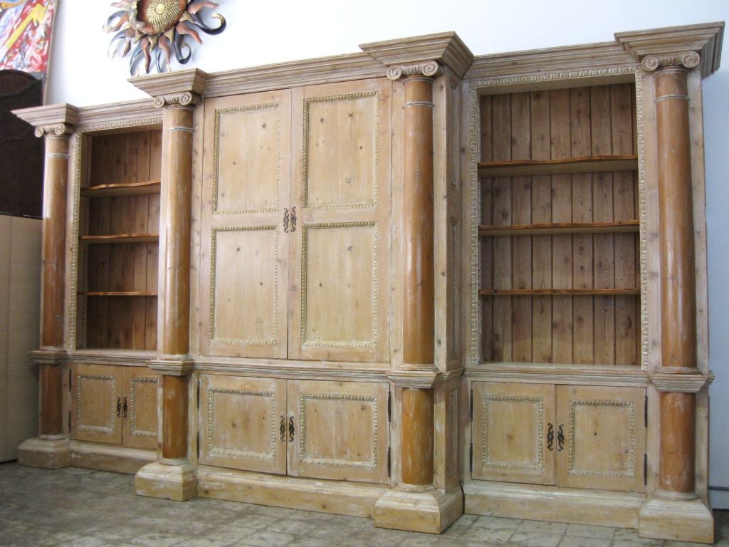 Spectacular High End washed pine / pitchpin, wall cabinet / Unit. With superb classical columns, wall panelling, wonderful detail and storage, and the feel of 19th century England. Purchased in a Palm Beach Estate. Can accomodate, TV in center top