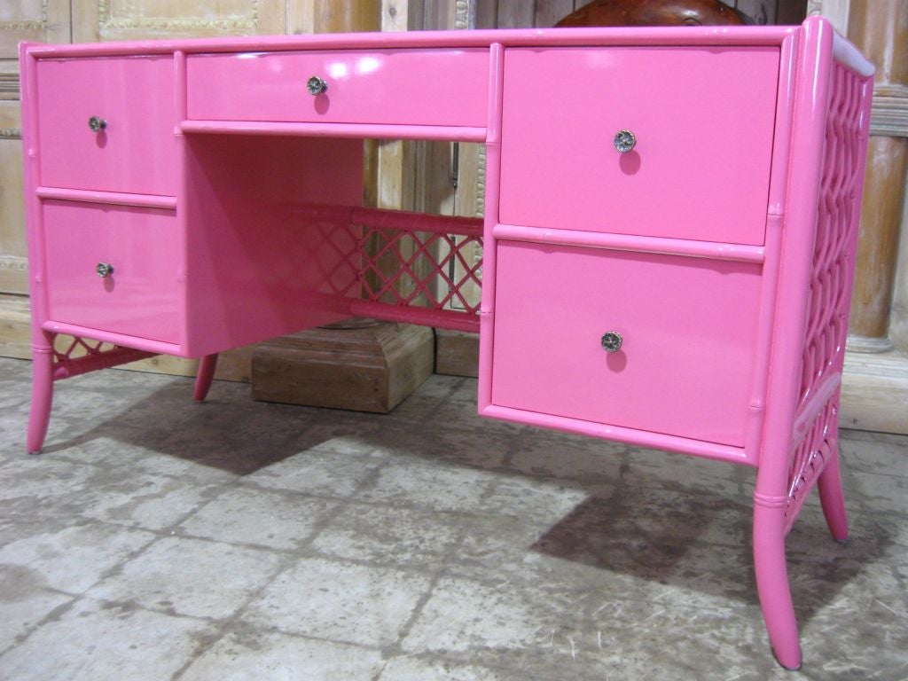 Superb Lattice sides and back hot pink lacquered bamboo #desk, with elegant curved legs and form, wonderful storage and work space. Beautiful in a bedroom as vanity or desk, in a #living room or den with the #chair or #bench of your choice.