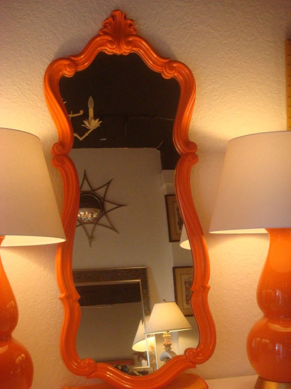 20th Century Orange Gloss Restored  Curvaceous Scroll Mirror
