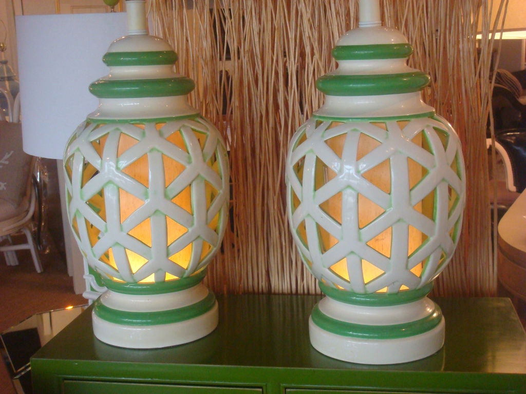 Pair of Cream  Lattice Lamps with Green Trim