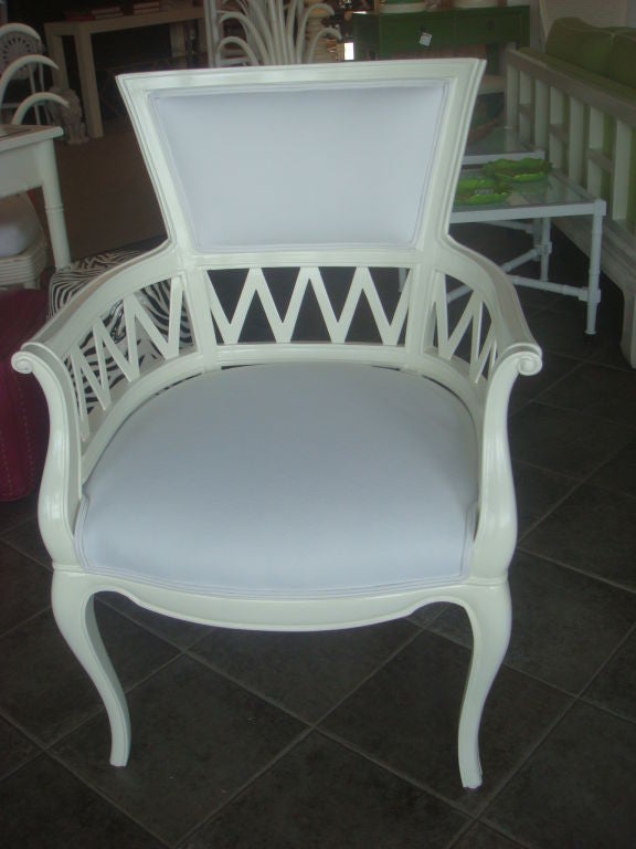 Pair of Mid Century Newly Lacquered White Chairs. White Twill upholstered seat  & back. Lattice Wood Frame