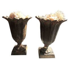 Pair 19th C. Tulip Form Cast Iron Urns