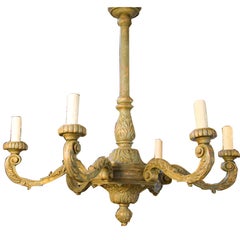 Antique 6-arm carved oak overpainted chandelier