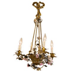 Antique Polychrome Italian Brass Chandelier with Porcelain Flowers