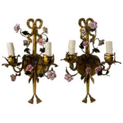 Pair of Polychrome Brass Sconces with Porcelain Flowers