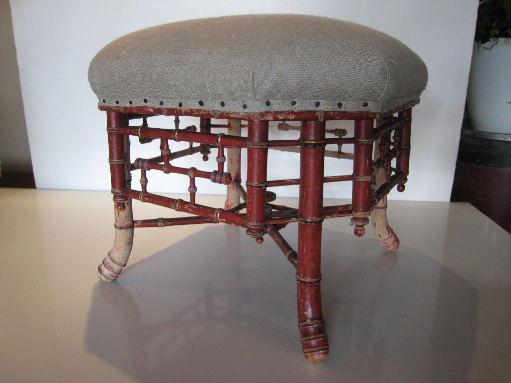 faux bamboo stool with original red paint and gilding, newly upholstered, french