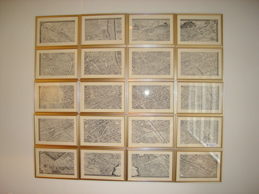 Set of 20 framed prints of Turgot's plan of Paris. Re-edition  of the original. Newly framed in an antique silver finish frames. Each measuring 17