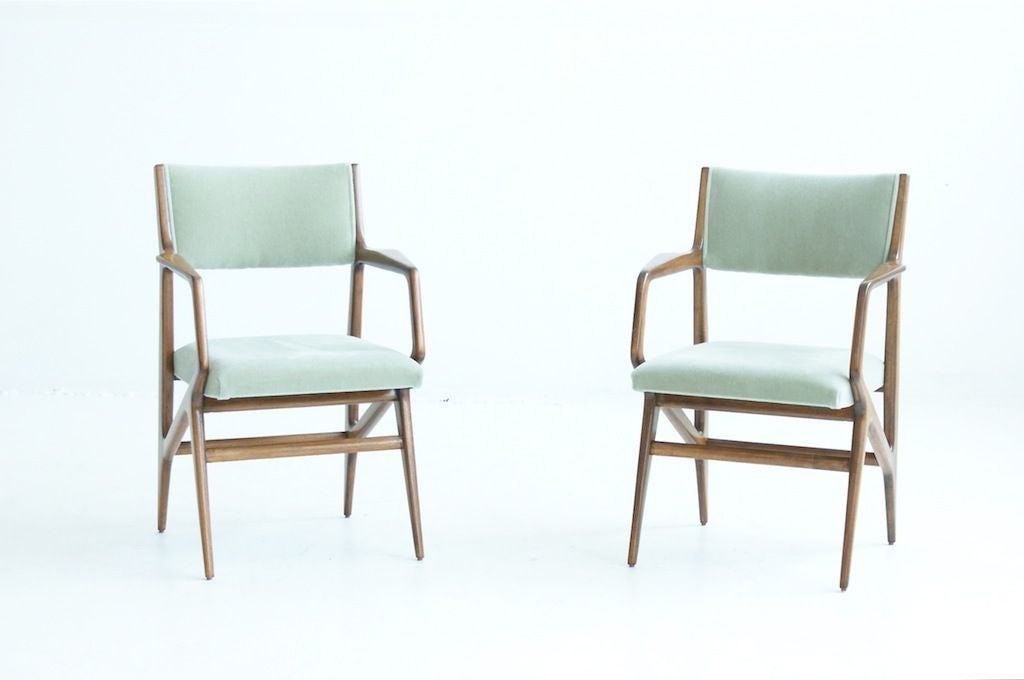PONTI for Singer and Sons, pair of chairs reupholstered in light green Knoll mohair.