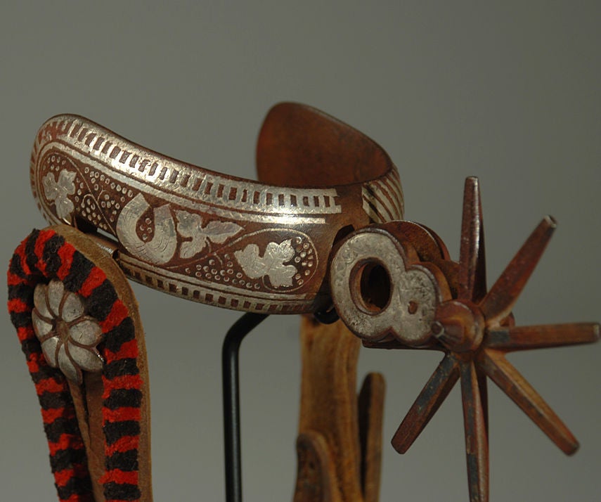 Antique Mexican Charro Spurs Amozoc Style, Distressed Inlaid Silver and  Tooled Leather Straps