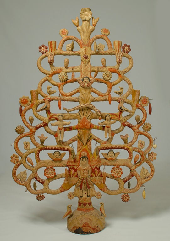 A large and impressive vintage Mexican tree of life candelabra with Adam and Eve in the Garden of Eden, the serpent, birds, angels and flower blossoms throughout. Attributed to one of Mexico's great masters - Aurelio Flores.<br />
<br