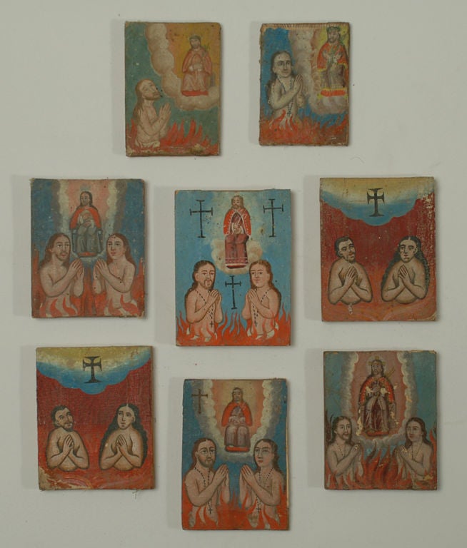 A collection of eight late 19th century miniature 'Anima Sola' paintings (Souls in Purgatory). Oil on canvas with original wooden stretchers. <br />
<br />
The Anima Sola, for those who are unfamiliar, is a departed ancestral soul awaiting