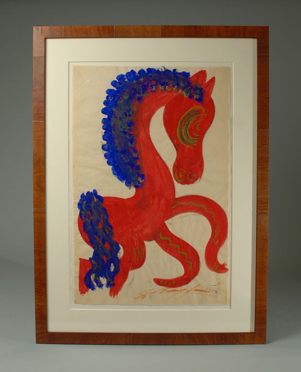 Chucho (Jesus) Reyes Ferreira (Mexican, 1892-1977) - Red Caballo. Tempera and gold pigments on tissue. Signed lower right, with several exhibition labels adhered to verso. Displayed in a handsome wood frame.<br />
<br />
Dimensions: image size is
