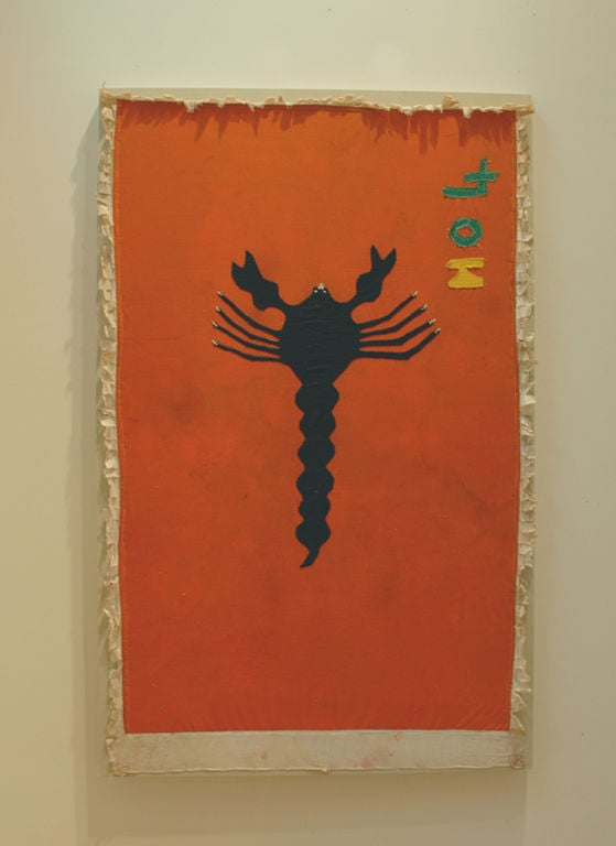 A good mid century Asafo Fante flag from Ghana - circa 1960. Large single cotton panel with fringe, blue scorpion and company number '4' in upper right. Professionally backed, stretched and mounted.<br />
<br />
Dimensions: 49.5 inches x 31