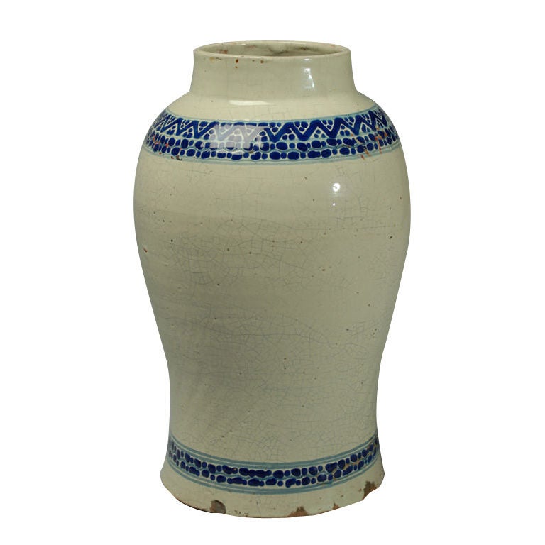 Rare Mexican Talavera Poblana Blue on White Tibor For Sale