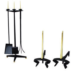 Steel, Iron and Brass Sabre Fireplace Set by Donald Deskey