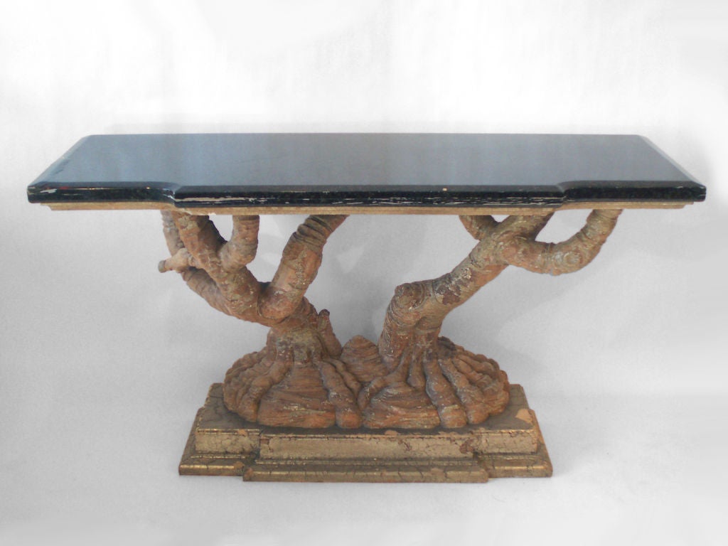 Carved Tree Trunk Base Console Table in the style of James Mont