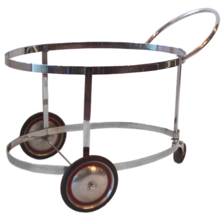 Carrito de bebidas cromado de dos pisos art decó al estilo de Gilbert Rohde