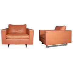 Rare Pair of Jens Risom Leather Lounge Chairs