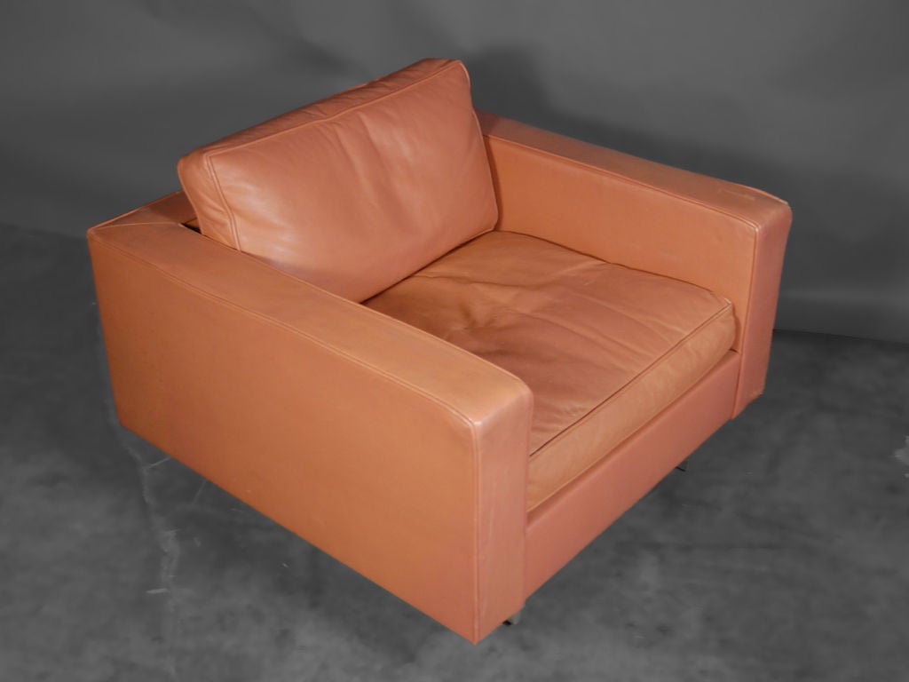 Rare pair of custom made Jens Risom lounge chairs<br />
in saddle leather. These chairs were custom made for original owner.