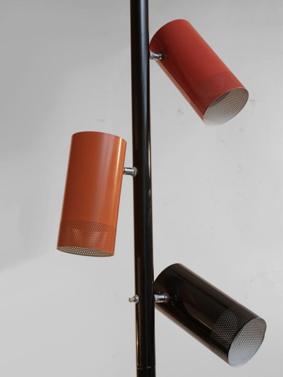 Architectural 3 light pole lamp with perforated metal can shades -will light one or two at a time. 8'- H as shown, shades 7 1/4