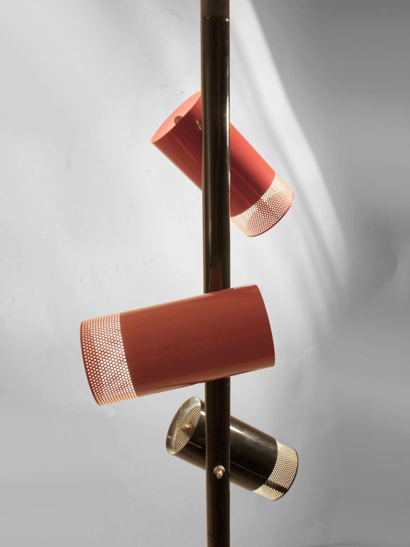 Mid-20th Century Architectural 3 light pole lamp with perforated metal can shades