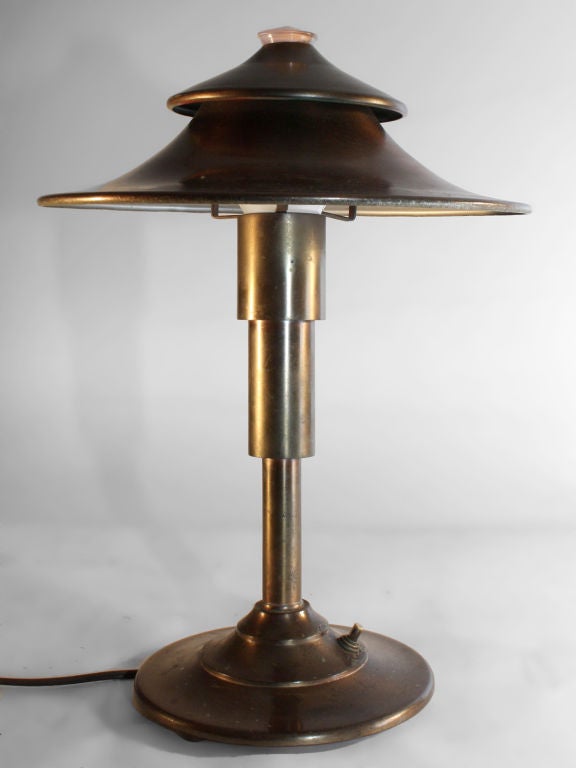 K.E.M. Weber for Miller Lamp Co. Art Deco Machine Age Lamp - Classic Art Deco iconic desk lamp. Complete with original glass diffuser finial top, bronzed finish.