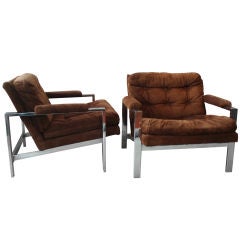 Pair Chrome and Suede Armchairs by Milo Baughman