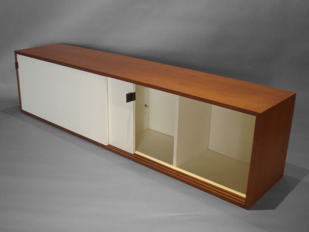 Teak Wall Cabinet with Lacquered Doors Leather Pulls by Florence Knoll for Knoll