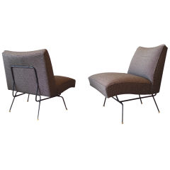 Pair Steel  Brass Upholstered Lounge Chairs