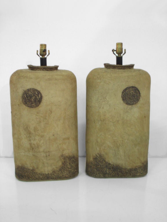 Pair of Large Scale Moon and Sea Pottery Lamps