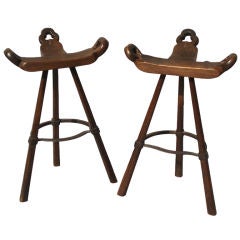 Pair Oak and Wrought Iron Rustic Barstools