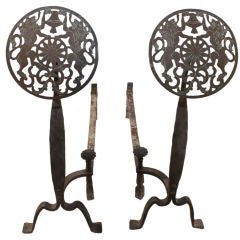 Antique English Style Brass wrought iron base andirons