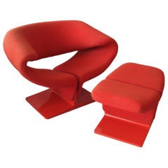 Red Lacquer Base Ribbon Chair with Ottoman by Pierre Paulin