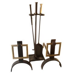 Pair Modernist Andirons with matching Tool Set