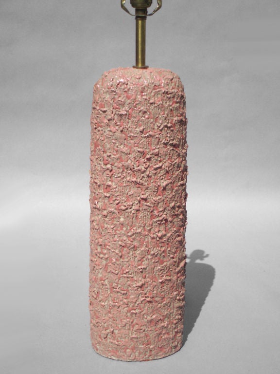 Pair of Pink Textured Pottery Lamps by Rita Sargen, Chicago  Artist / Sculptor. Lamp body: 20.5