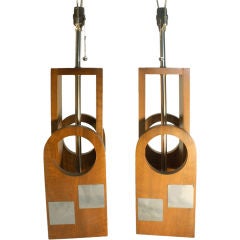 Pair of Architectural Polished Steel and Wood Table lamps