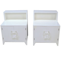 Pair White Lacquer Lucite Pull Bedside Tables by Grosfeld House