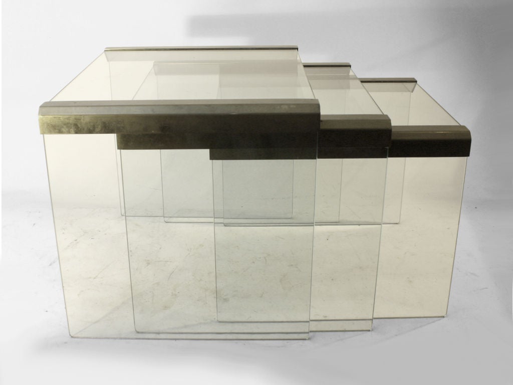 Plate glass and brass nest of tables by Pace