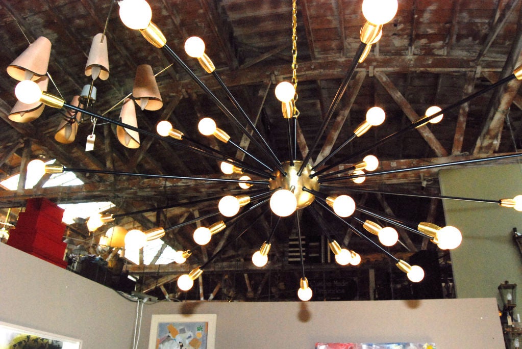 Thirty-Six Lights Brass and Black Enamel Sputnik Light Fixture In Excellent Condition In Cathedral City, CA