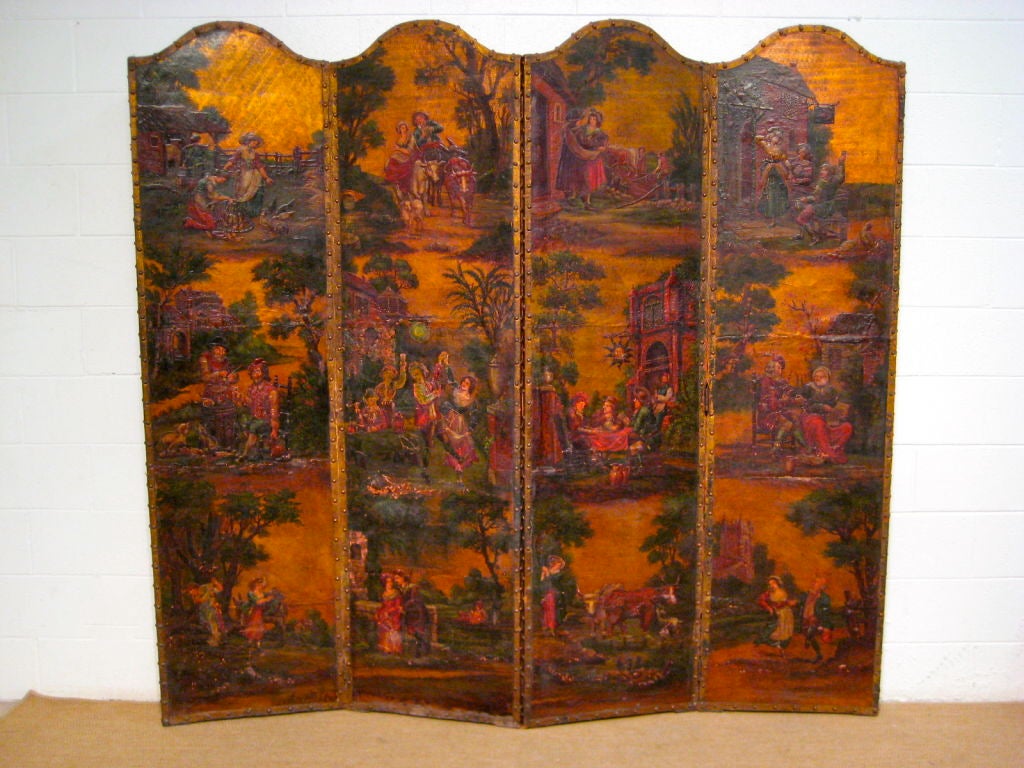 Embossed leather four panel folding screen hand-painted in exquisite detail with scenes of daily country life. The reverse side is painted with decorative bird and floral motif. Overall length is  about 84