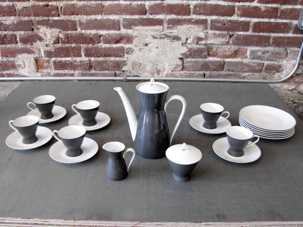 grey and white porcelain 20 piece after dinner coffee set Rosenthal 2000, coffee server, sugar bowl and creamer + complete set of service for six cups + saucers and cake plates