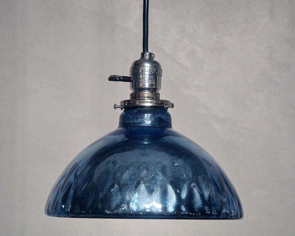 blue mercury Glass pendant lights<br />
oil lamp shade :: blue mercury glass from late 1800's to early 20th century<br />
priced as a set of three<br />
individually: 1600