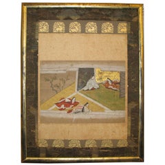 19th Century Japanese "Tales of Genji" Framed Painting