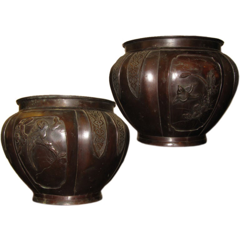 Pair of antique Japanese bronze cache pots