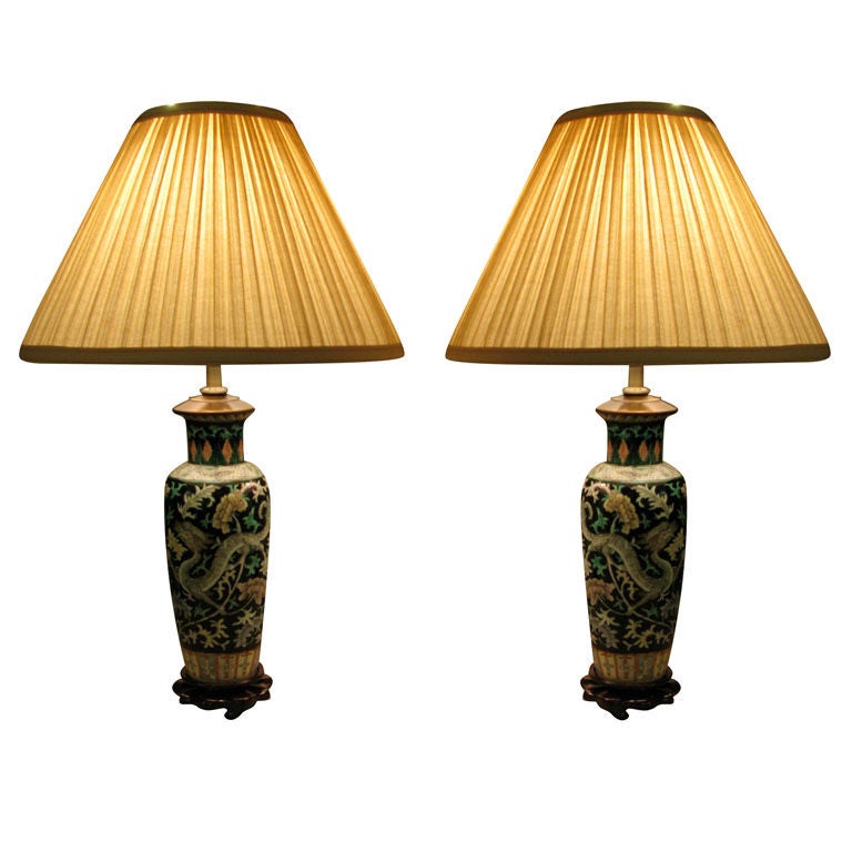 Pair of Chinese Famille Noire Lamps For Sale
