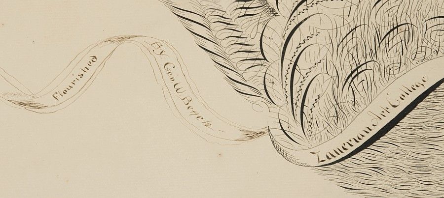 EAGLE CALLIGRAPHY DRAWING BY GEORGE BEACH, ZANERIAN ART COLLEGE, COLUMBUS, OHIO, 1902: <br />
This attractive and somewhat large calligraphy drawing entitled “The American Eagle” was “flourished by Geo. W. Beach, Zanerian Art College, Columbus, OH,